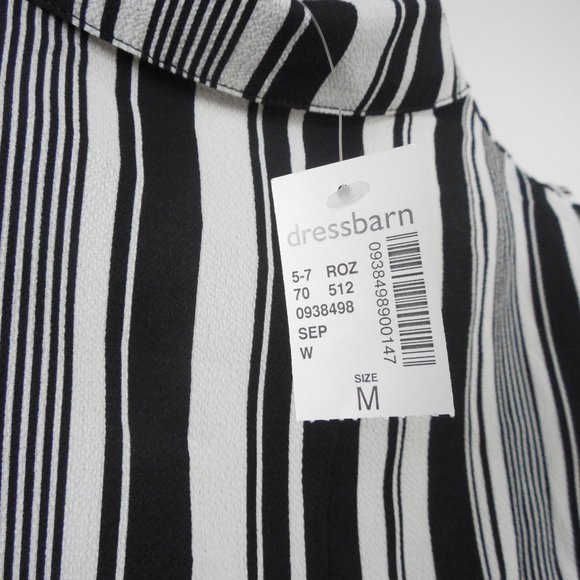 DRESSBARN Top M Black/White Striped Blouse NWT Hi/Low Stretch Roll Tab Long Slvs - Picture 10 of 11